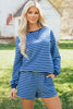 Blue Stripe Drop Shoulder Long Sleeve Pullover Elastic Waist Casual Short Set