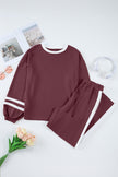 Mineral Red Varsity Stripe Patchwork Puff Sleeve Pullover Drawstring Wide Leg Pant Set