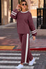 Mineral Red Varsity Stripe Patchwork Puff Sleeve Pullover Drawstring Wide Leg Pant Set