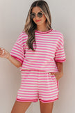 Pink Stripe Contrast Trim Short Sleeve Top Loose Shorts 2pcs Casual Outfit