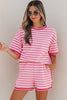 Pink Stripe Contrast Trim Short Sleeve Top Loose Shorts 2pcs Casual Outfit