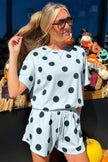 Pink Polka Dot Print Loose Tee Drawstring Elastic Waist Short Set