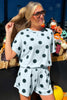 Pink Polka Dot Print Loose Tee Drawstring Elastic Waist Short Set
