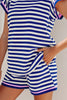 Blue Stripe Contrast Trim Cap Sleeve Top Casual Shorts 2pcs Set
