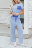 Rose Stripe Crew Neck Tee Drawstring Waist Cropped Pants Set
