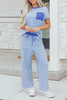 Rose Stripe Crew Neck Tee Drawstring Waist Cropped Pants Set