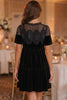 Black Embroidered Velvet Short Sleeve Mini Shift Dress