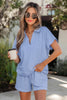 Light Grey Collared V Neck Tee Drawstring Elastic Waist Shorts 2pcs Outfit