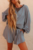 Brown Stripe Oversized Long Sleeve Top Drawstring Loose Shorts 2pcs Set
