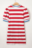 Blue Stripe Contrast Trim Round Neck Short Puff Sleeve Shift Mini Dress