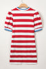 Blue Stripe Contrast Trim Round Neck Short Puff Sleeve Shift Mini Dress