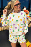 Beige Polka Dot Print Drop Shoulder Pullover Drawstring Shorts Set