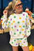 Beige Polka Dot Print Drop Shoulder Pullover Drawstring Shorts Set