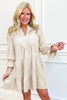 Parchment Long Sleeve Notched Neck Jacquard Tiered Mini Dress