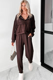 Chicory Coffee Button Drawstring Cropped Hoodie Sweatpants Set