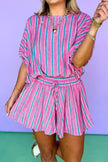 Pink Stripe Dolman Short Sleeve Blouse Drawstring Elastic Waist Loose Short Set