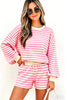 Pink Striped Long Sleeve Crew Neck Drawstring Waist Shorts Set