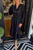 Green Collared V Neck Smocked Detail Contrast Leopard Trim Long Dress