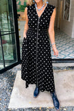 Brown Polka Dot Print Contrast Trim V Neck Zip Up Sleeveless Dress