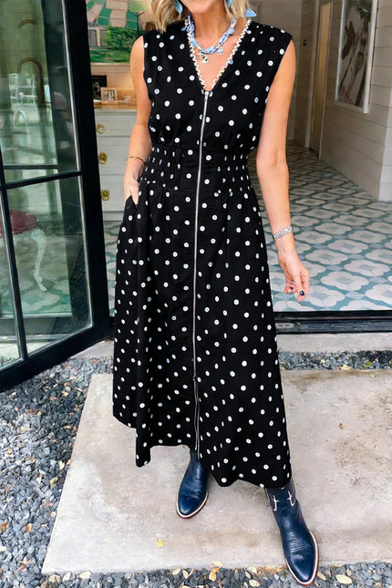 Brown Polka Dot Print Contrast Trim V Neck Zip Up Sleeveless Dress