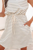 Beige Stripe Drawstring Tunic Tank Mini Dress with Pockets