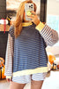 Blue Stripe Color Block Long Sleeve Pullover Ribbed Knit Casual Shorts Set