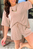 Rose Stripe Raised Rib Loose Tee Drawstring Elastic Waist 2pcs Short Set