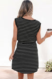 Beige Stripe Drawstring Tunic Tank Mini Dress with Pockets