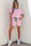 Pink Polka Dot Contrast Edge Casual Short Set