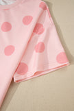 Pink Polka Dot Print Loose Tee Drawstring Elastic Waist Short Set