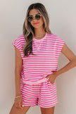 Pink Stripe Cap Sleeve Tee Elastic Waist Shorts 2pcs Outfit
