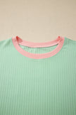 Sachet Pink Soft Ribbed Color Block Trim Casual Short Set