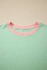 Sachet Pink Soft Ribbed Color Block Trim Casual Short Set