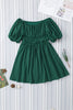 Green-2 Solid Color Shirred Bubble Sleeve Off Shoulder Babydoll Dress