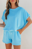 Green Solid Color Puffy Loose Top Drawstring Shorts 2pcs Outfit