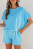 Green Solid Color Puffy Loose Top Drawstring Shorts 2pcs Outfit