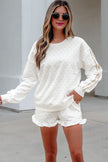 White Polka Dot Print Side Stripe Detail Casual Sweatshirt 2pcs Short Set