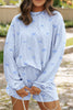 Sky Blue Valentines Bow Print Twisted Rib Loose Long Sleeve Top 2pcs Short Set