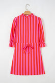 Red Stripe Half Button Puff Sleeve Loose Mini Dress