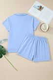 Light Grey Collared V Neck Tee Drawstring Elastic Waist Shorts 2pcs Outfit