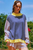 Blue Stripe Color Block Long Sleeve Pullover Ribbed Knit Casual Shorts Set