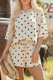 White Polka Dot Short Sleeve Loose Top Drawstring Shorts Set