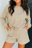 Brown Stripe Textured Knit Long Sleeve Top Elastic Waist Shorts Casual Outfit