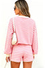 Pink Striped Long Sleeve Crew Neck Drawstring Waist Shorts Set