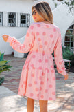 Pink Polka Dot Printed Long Sleeve Flared Mini Dress