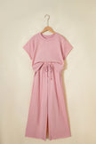 Mist Blue Solid Color Loose Tee Drawstring Wide Leg Pants 2pcs Outfit