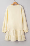 Beige Double Tiered Ruffle Hem Long Sleeve Loose Mini Dress