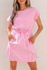 Bonbon Cuffed Short Sleeve Mix Fabric Patchwork Drawstring Mini Dress
