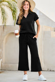 Navy Blue Stylish Textured Loose Fit T Shirt and Drawstring Pants Set