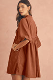 Gold Flame Light Snap Button Empire Waist Lantern Sleeve Corduroy Dress
